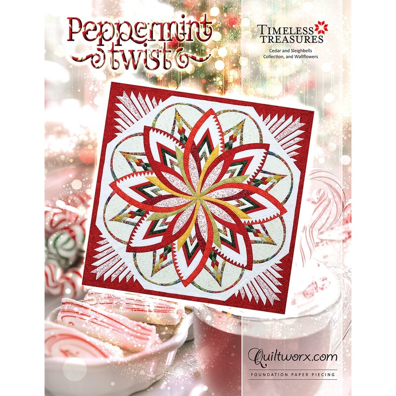 Brightly colored quilt pattern titled Peppermint Twist surrounded by festive holiday elements.