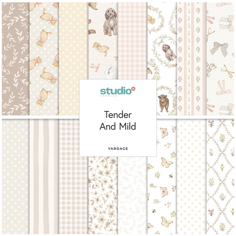 Collage of fabrics in the collection in soft pastels and light neutrals, with patterns featuring cuddly animals, cute bows, and delicate florals.