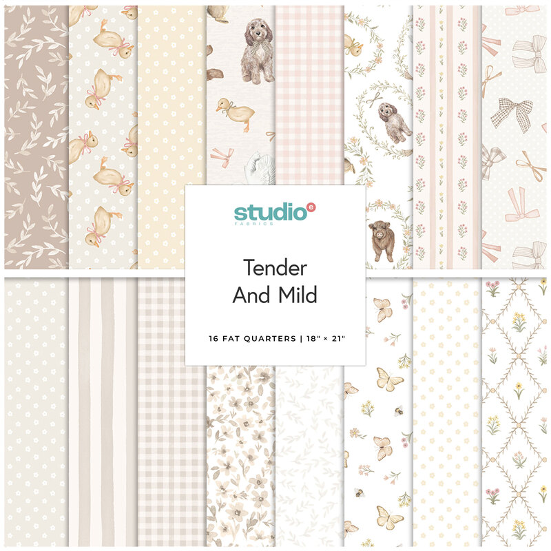 Collage of fabrics in the collection in soft pastels and light neutrals, with patterns featuring cuddly animals, cute bows, and delicate florals.