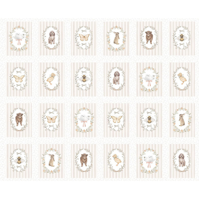 Fabric panel with a white leaf textured background and 24 beige striped tiles containing cute animals surrounded by floral wreaths and bows