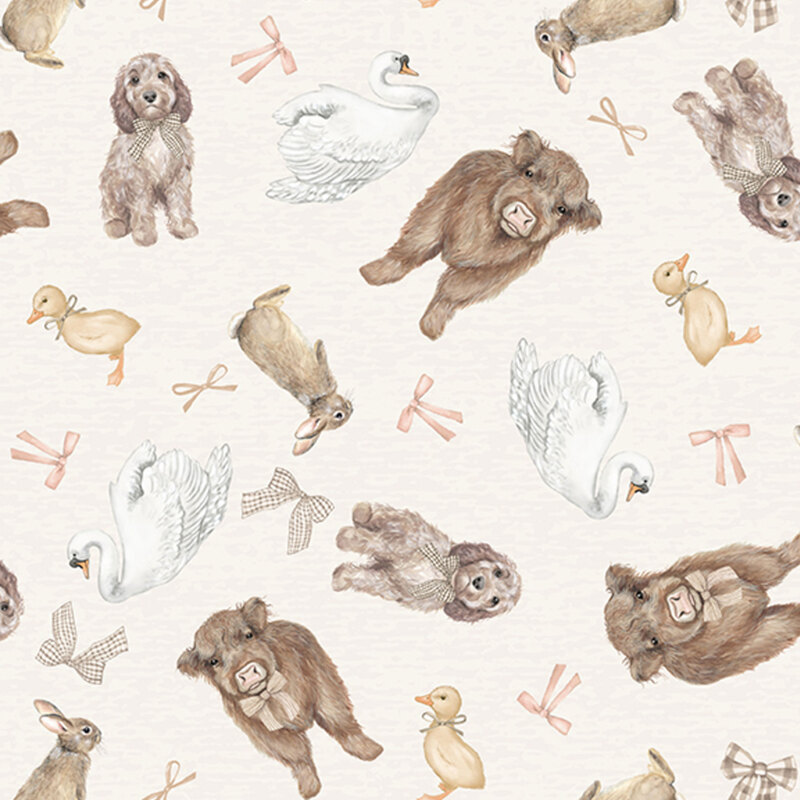 Textured beige fabric with a tossed pattern of highland cows, swans, ducklings, puppies, bunnies, and pink and plaid bows