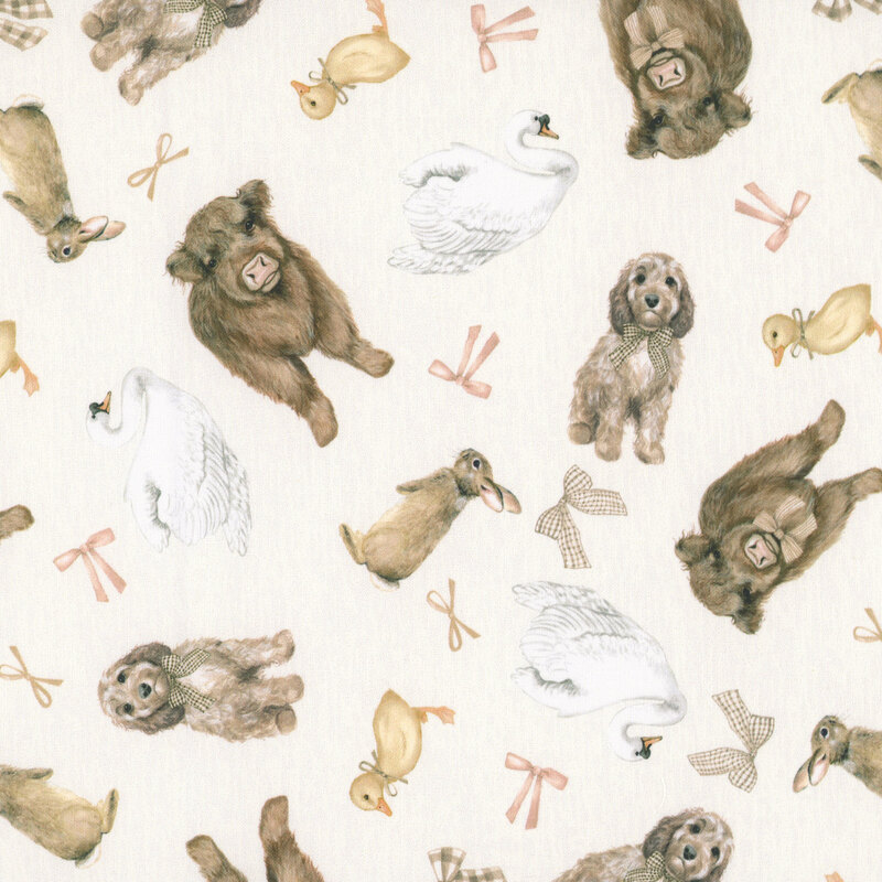 Textured beige fabric with a tossed pattern of highland cows, swans, ducklings, puppies, bunnies, and pink and plaid bows