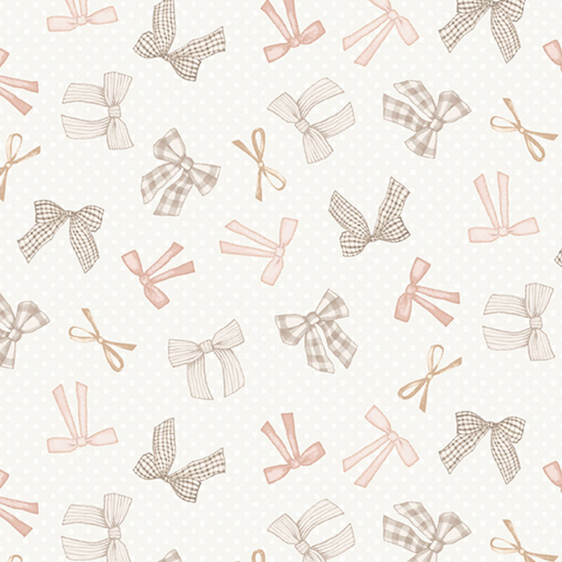 Light beige fabric with white polka dots and a tossed pattern of pink, plaid, and checked bows