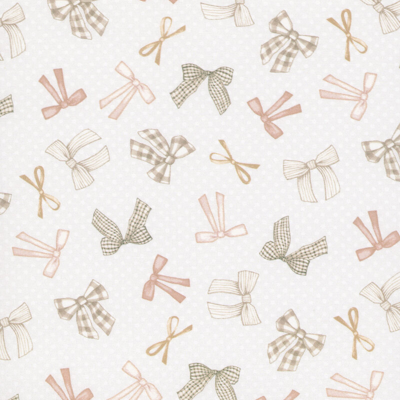 Light beige fabric with white polka dots and a tossed pattern of pink, plaid, and checked bows