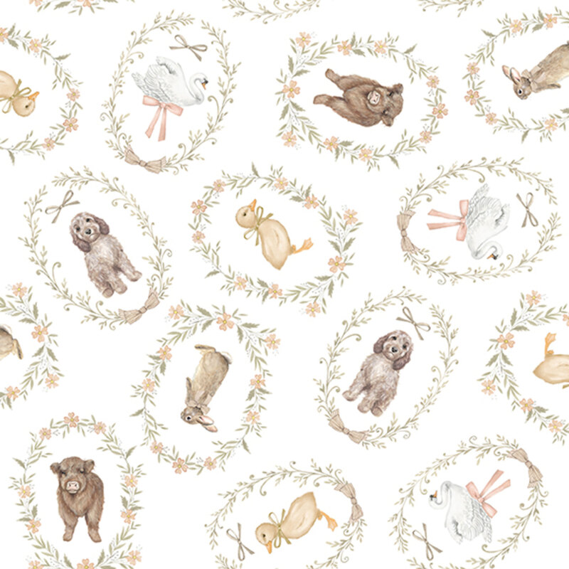White fabric with a tossed pattern of highland cows, swans, ducklings, puppies, bunnies, surrounded by floral wreaths and pink bows.