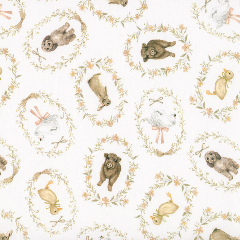 White fabric with a tossed pattern of highland cows, swans, ducklings, puppies, bunnies, surrounded by floral wreaths and pink bows.