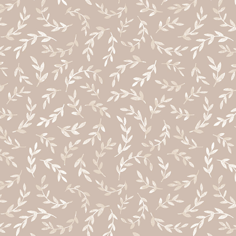 Taupe fabric with a tossed pattern of mottled, leafy branches