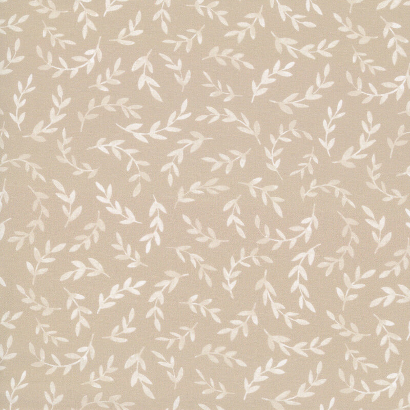 Taupe fabric with a tossed pattern of mottled, leafy branches