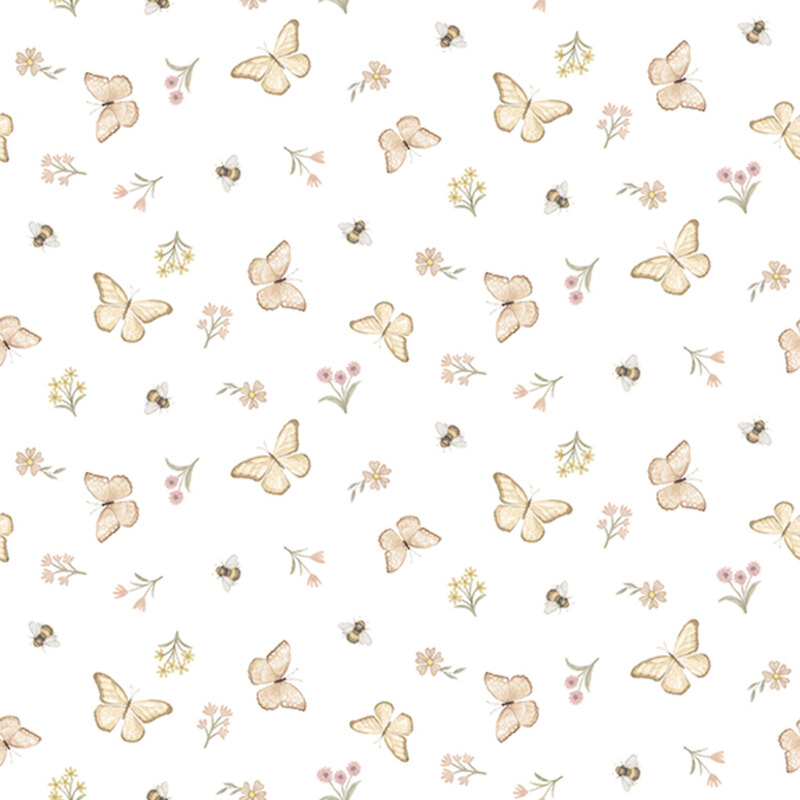Off-white fabric with light tan butterflies, honeybees, and small floral sprigs