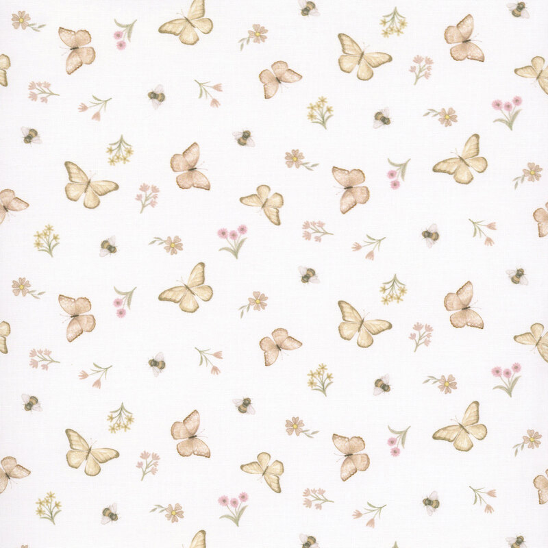 Off-white fabric with light tan butterflies, honeybees, and small floral sprigs