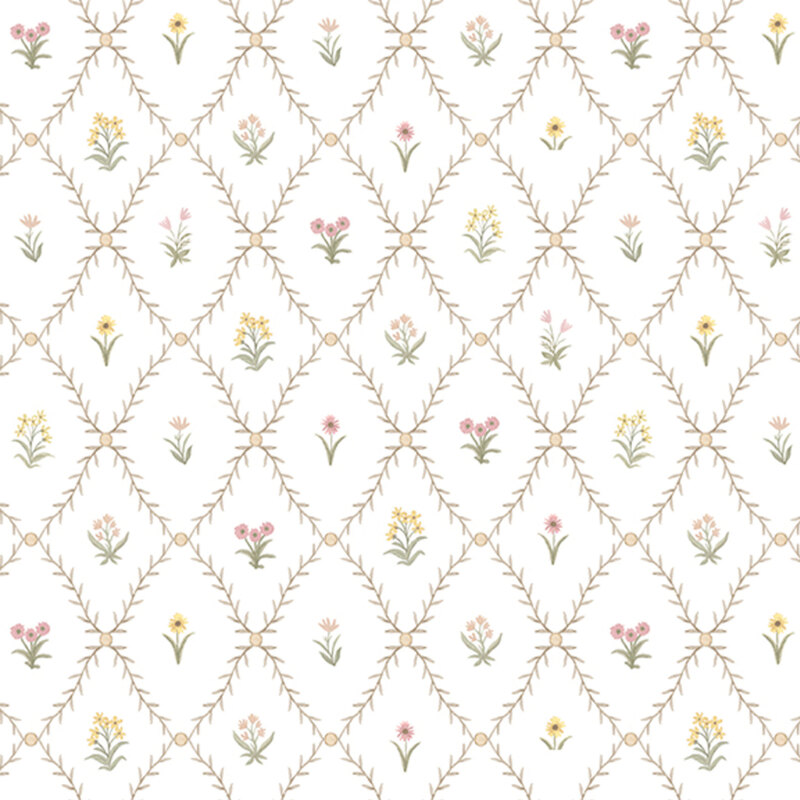 Off-white fabric with a pattern of small floral sprigs surrounded by diamond lattice of vines connected by beige circles