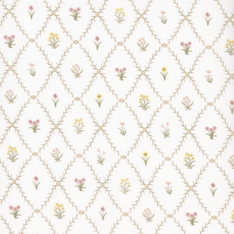 Off-white fabric with a pattern of small floral sprigs surrounded by diamond lattice of vines connected by beige circles