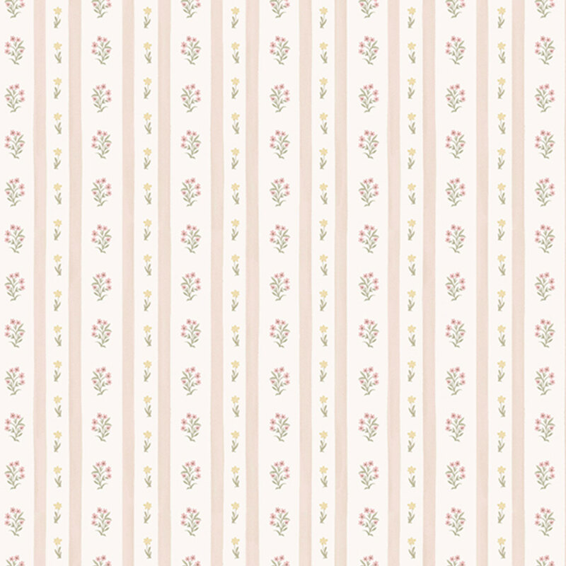 Cream beige fabric featuring rustic rose taupe vertical striping and small floral sprigs