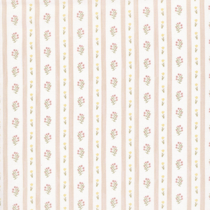 Cream beige fabric featuring rustic rose taupe vertical striping and small floral sprigs