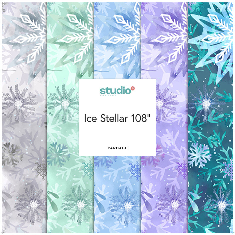 Five vertical fabrics featuring abstract snowflake designs in shades of blue, green, and purple. Center text reads Ice Stellar.