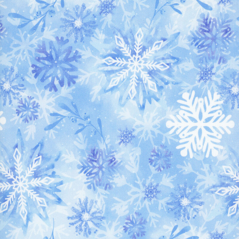 Ice blue fabric with a mottled snowflake pattern with subtle leaf sprig motifs in the background.