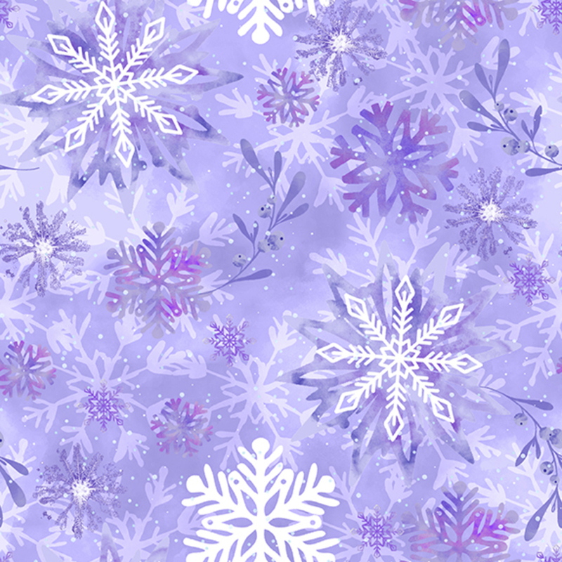 Fabric with a mottled purple snowflake pattern with subtle leaf motifs in the background.