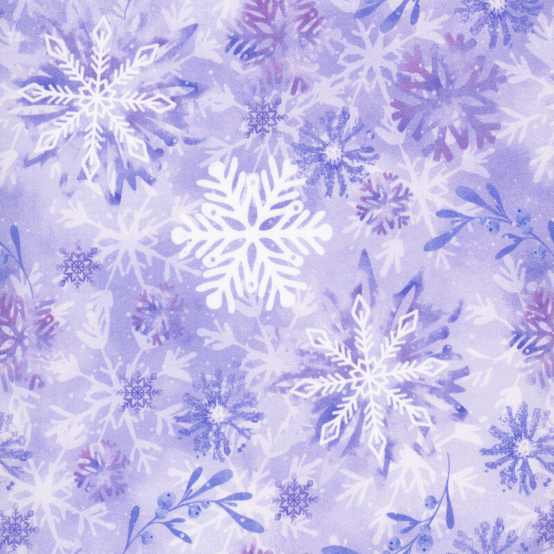 purple fabric with a mottled snowflake pattern with subtle leaf sprig motifs in the background.