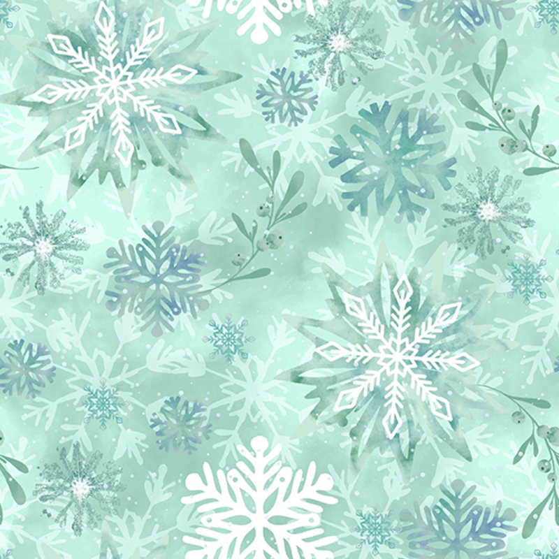 Fabric with a mottled mint green snowflake pattern with subtle leaf motifs in the background.