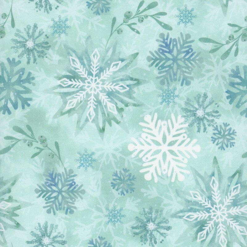 Aqua mint fabric with a mottled snowflake pattern with subtle leaf sprig motifs in the background.