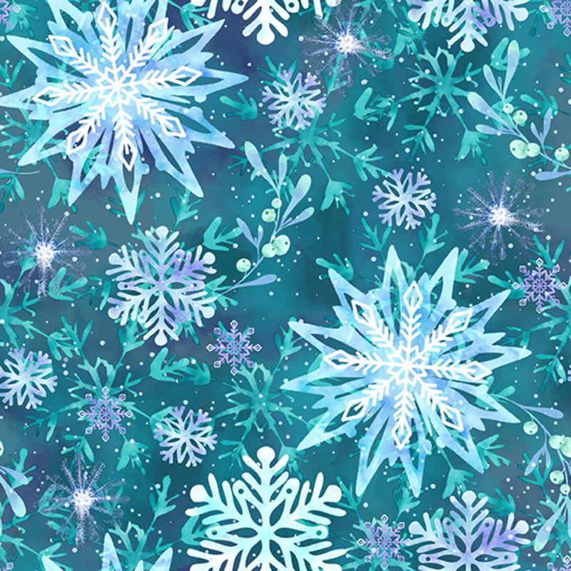 Fabric with a mottled dark teal snowflake pattern with subtle leaf motifs in the background.