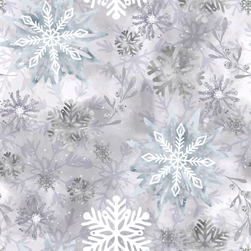 fabric with a mottled gray snowflake pattern with subtle leaf motifs in the background.
