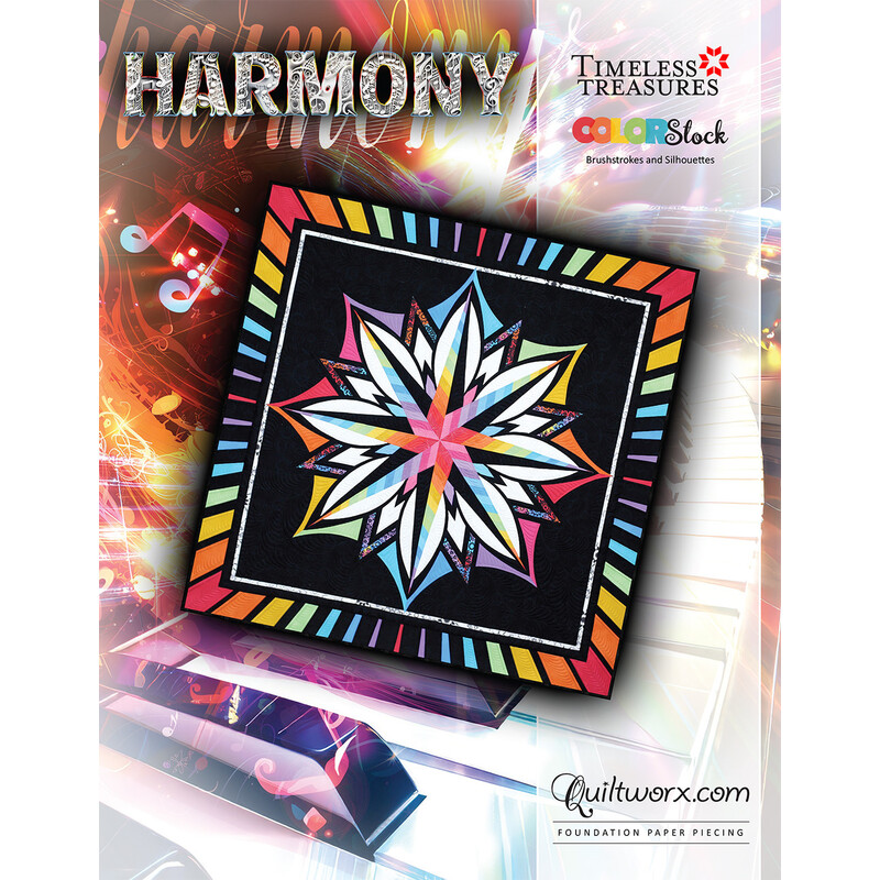 Colorful quilt pattern titled Harmony, featuring a star design on a black background.