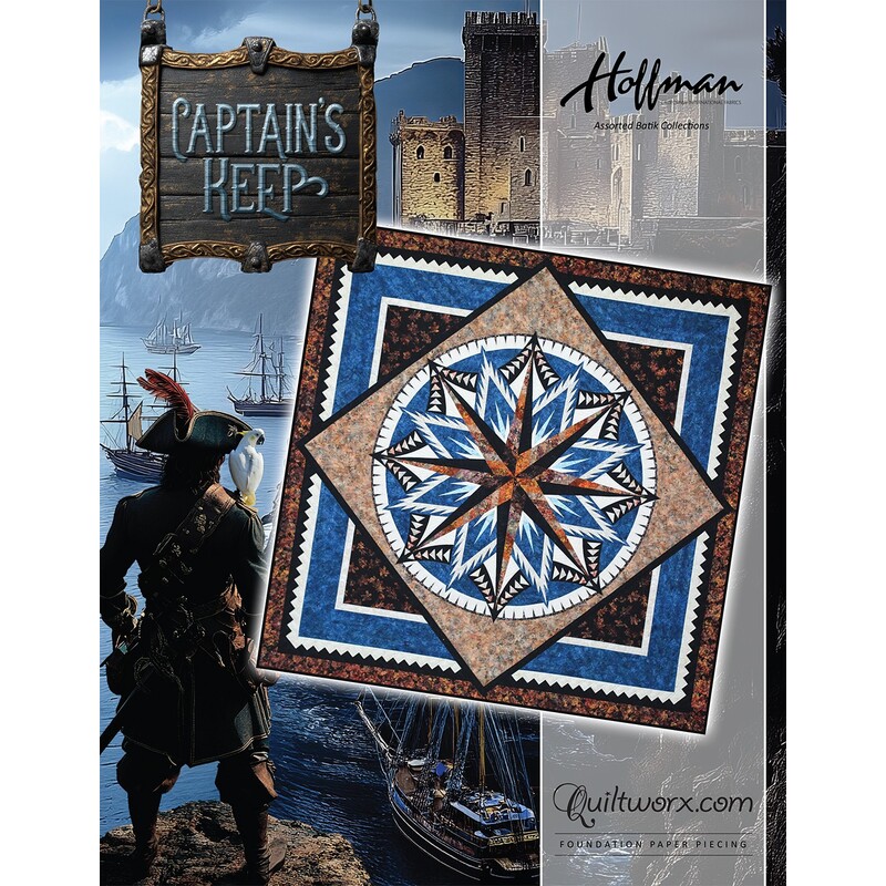 A pirate-themed quilt design titled Captain's Keep, featuring a star pattern in blue and brown.