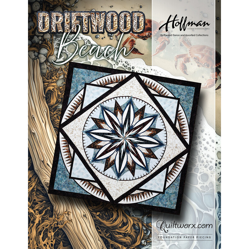 Cover of Driftwood Beach quilt pattern featuring a geometric floral design in blues and browns.