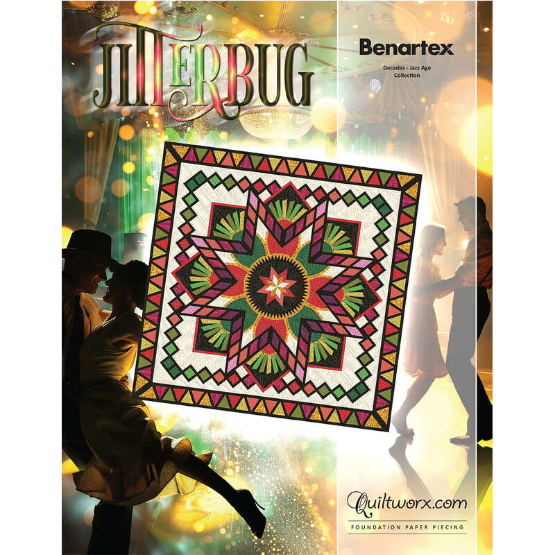Colorful quilt pattern titled Jitterbug, featuring a star design, with a festive dance backdrop.