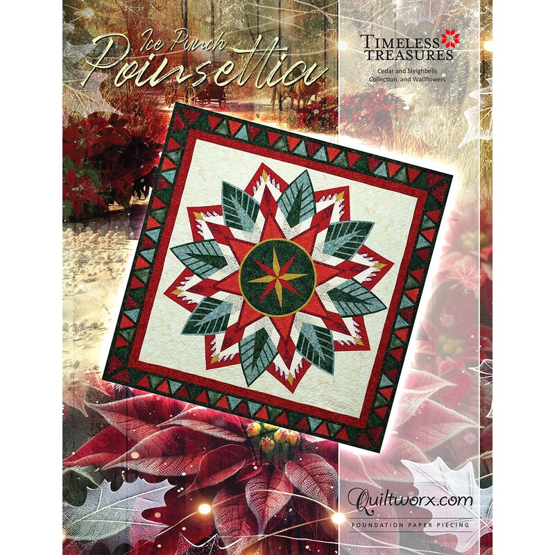 A festive quilt design featuring a star-shaped flower with red, green, and white geometric patterns.