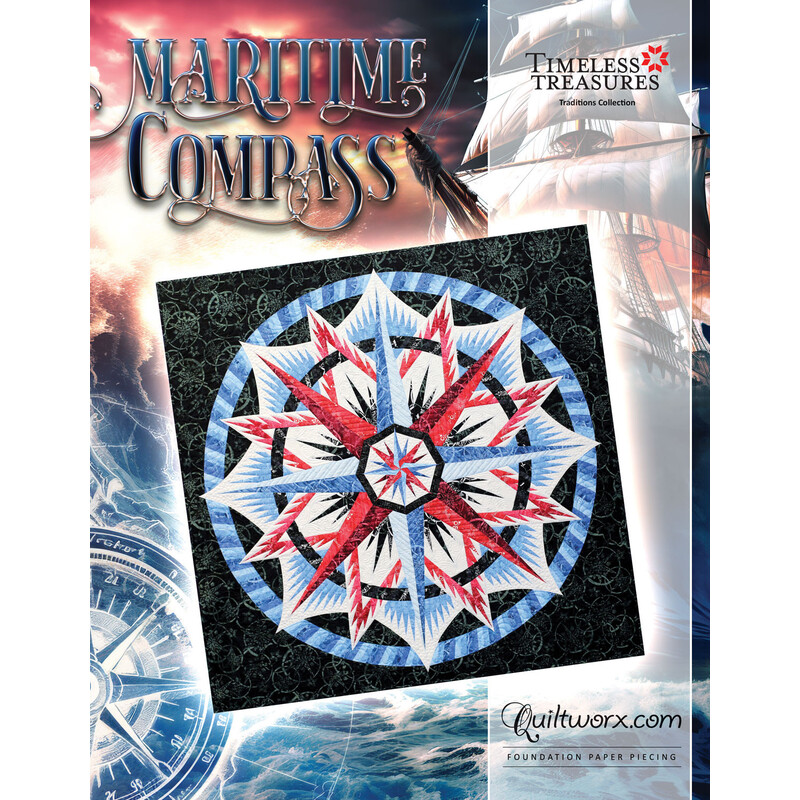 Cover of Maritime Compass quilt pattern featuring a colorful compass design on a dark background.