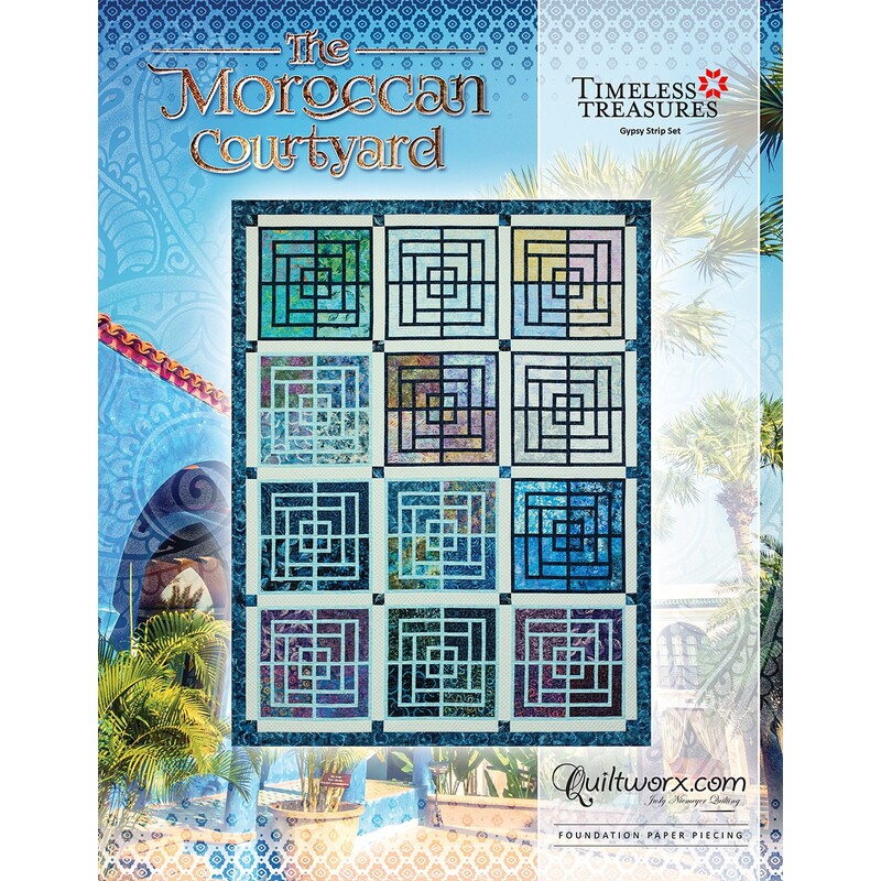 Quilt design featuring a Moroccan courtyard pattern in vibrant colors on a decorative background.