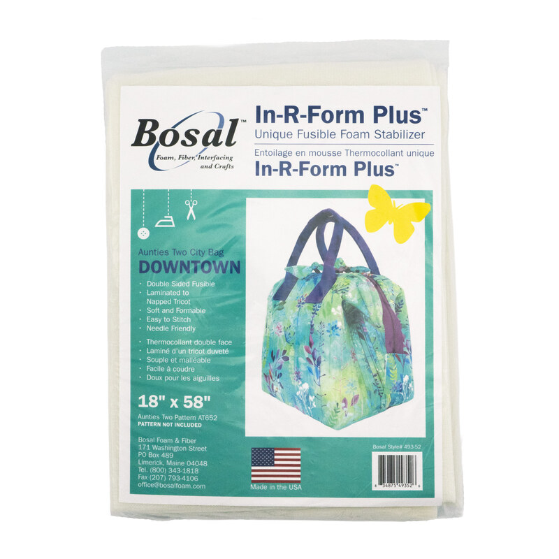 Package of Bosal In-R-Form Plus, a fusible foam stabilizer for crafting, featuring a colorful bag design.