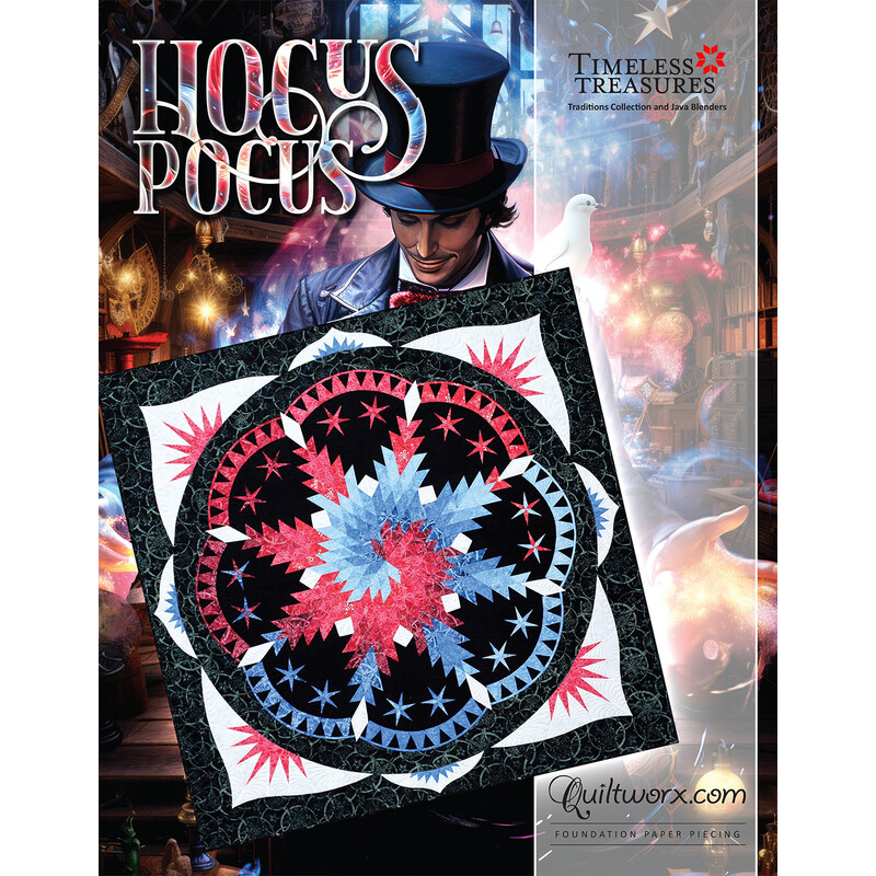 A man in a top hat holds a colorful quilt design titled Hocus Pocus in a dimly lit setting.