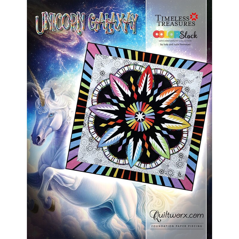 Cover featuring a colorful quilt pattern titled Unicorn Galaxy with a unicorn in the background.