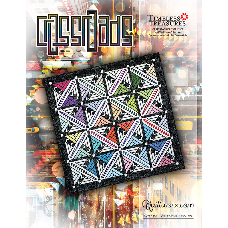 Colorful quilt design featuring triangular patterns on a black background, showcasing intricate piecing.