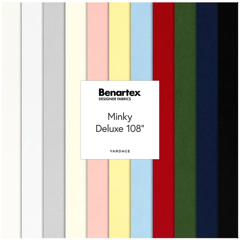 A collage of minky fabrics included in the Minky Deluxe 108" collection of solid color fabrics.
