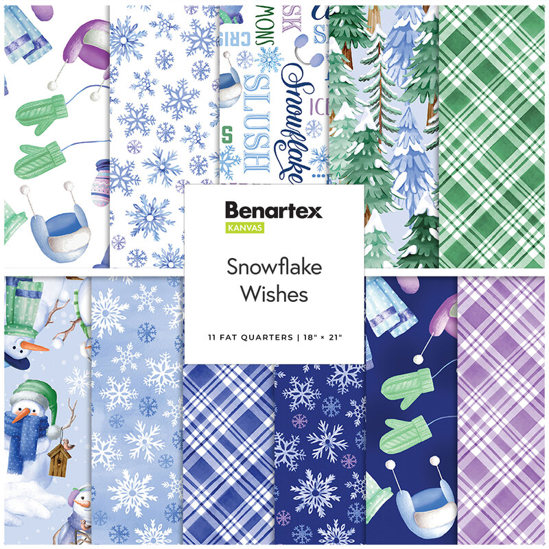 A collage of fabrics included in the Snowflake Wishes collection featuring white, green, blue, and purple fabrics with a winter theme.