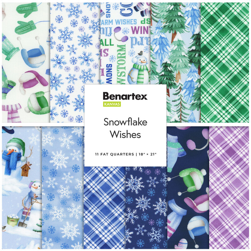 A collage of fabrics included in the Snowflake Wishes collection featuring white, green, blue, and purple fabrics with a winter theme.