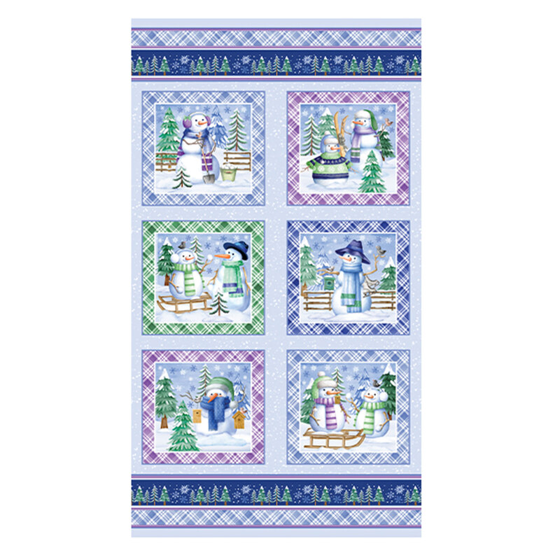Blue border stripe fabric featuring snowmen dressed warmly in winter gear with sleds, skis, and birdhouses.