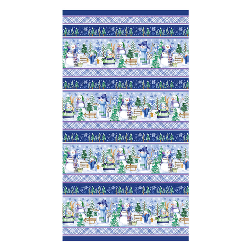 Blue panel fabric featuring six picture panels of snowmen dressed warmly in various winter scenes.