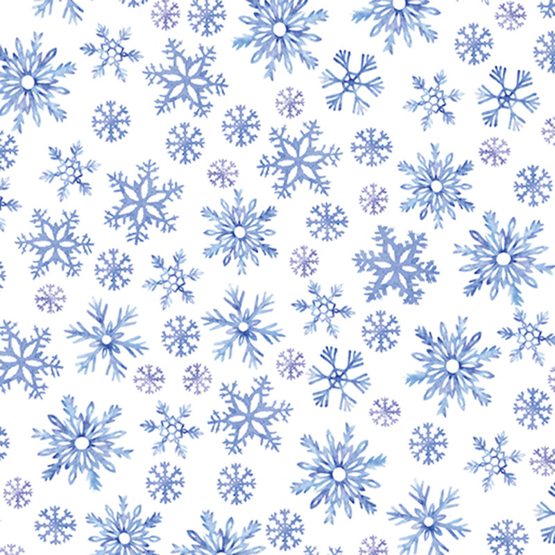 White fabric featuring mottled blue and purple snowflakes.