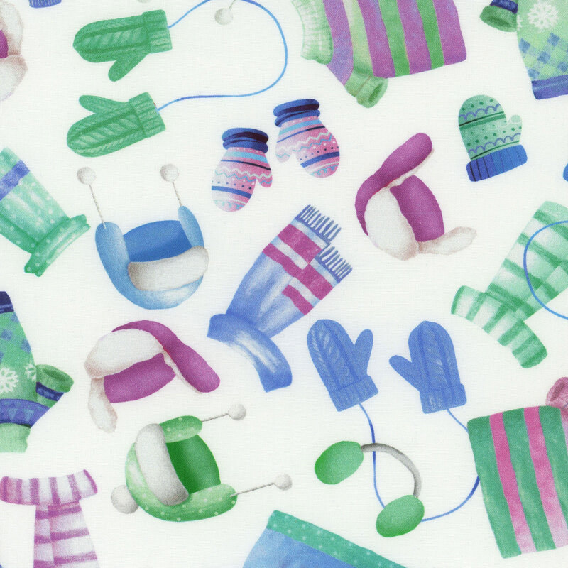 White fabric featuring colorful winter gear in greens, blues, and purples.
