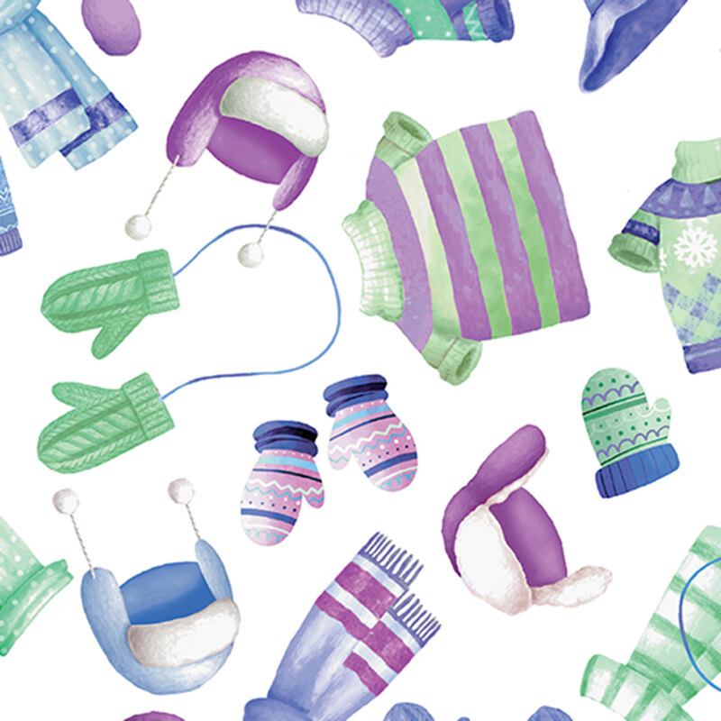 White fabric featuring colorful winter gear in greens, blues, and purples.