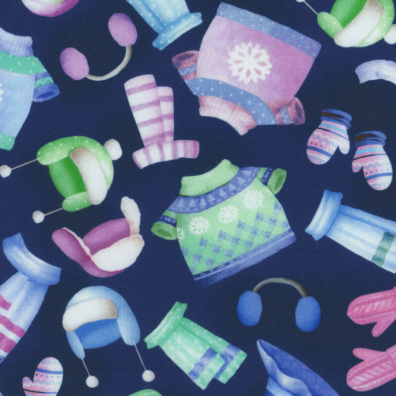 Mottled navy blue fabric featuring colorful winter gear in greens, blues, and purples.