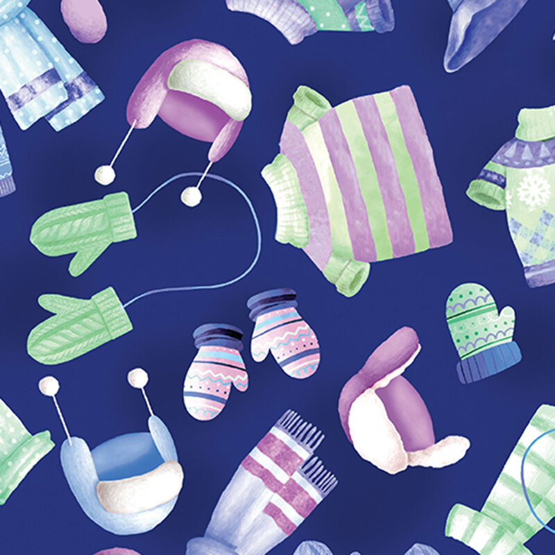 Mottled navy blue fabric featuring colorful winter gear in greens, blues, and purples.