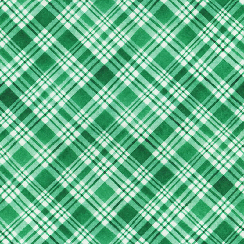 Green diagonal plaid on a white background.