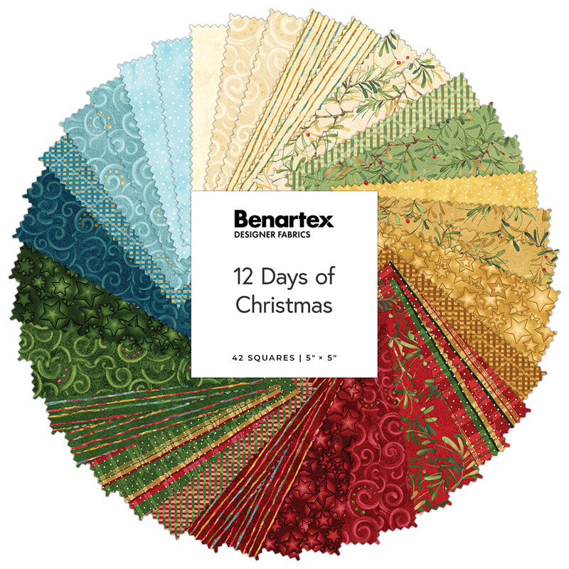 A circular fabric collage featuring Christmas themed fabrics from the 12 Days of Christmas Collection Collection by Nancy Halvorsen.