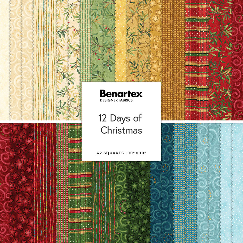 A fabric collage featuring Christmas themed fabrics from the 12 Days of Christmas Collection Collection by Nancy Halvorsen.